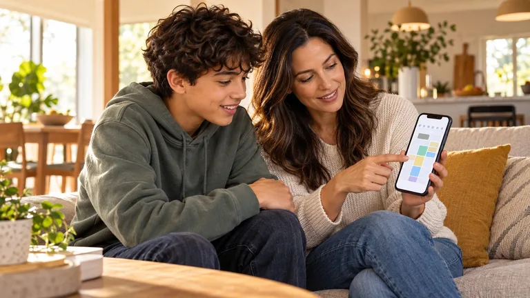 Parent and teenager reviewing a phone schedule together at home