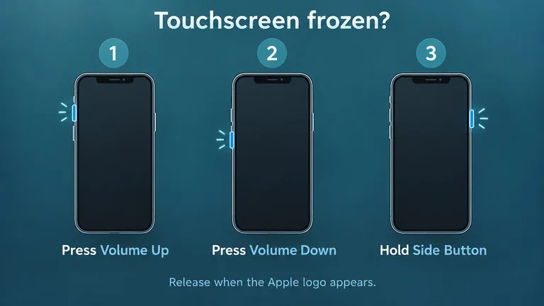 Three-step iPhone touchscreen after update restart guide: volume up, volume down, then hold the side button