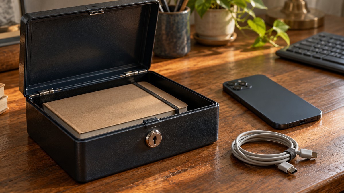 A notebook in a lockable document box beside a phone and USB cable, illustrating safe storage of a backup password.