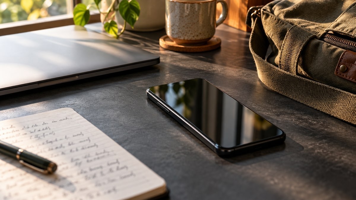 Smartphone beside a closed laptop, notebook and canvas bag.