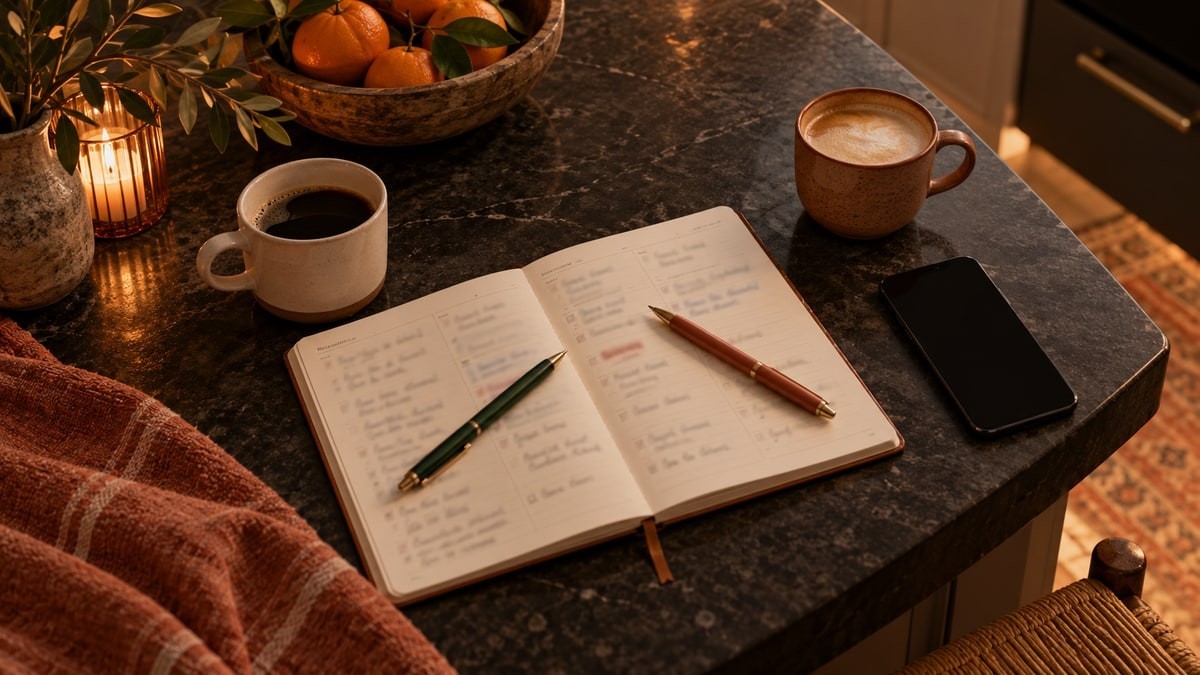 Week planner, two pens and a phone on a kitchen counter.