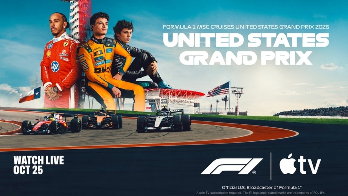 Apple’s official United States Grand Prix promotional artwork shows three F1 drivers, race cars and the October 25 Apple TV broadcast date.