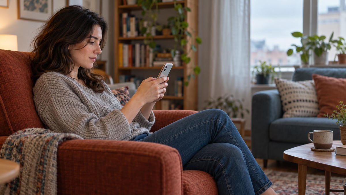 A woman privately reviews her phone while seated in an armchair at home.
