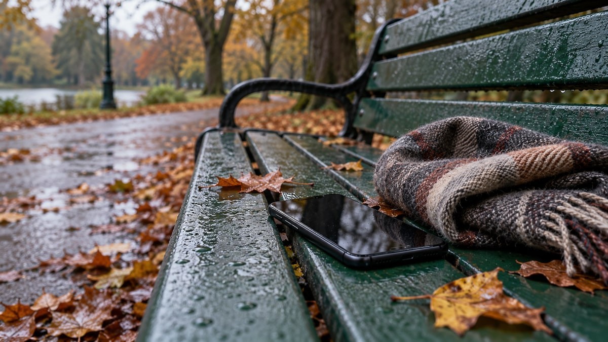 Phone and scarf left on an empty park bench.