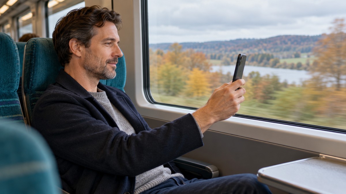 A train passenger reads a phone held away from his face.
