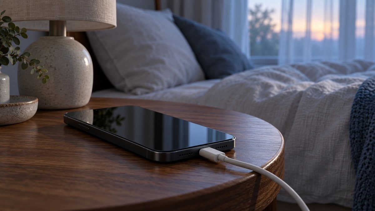 Smartphone connected to a charging cable on a bedside table at dawn.