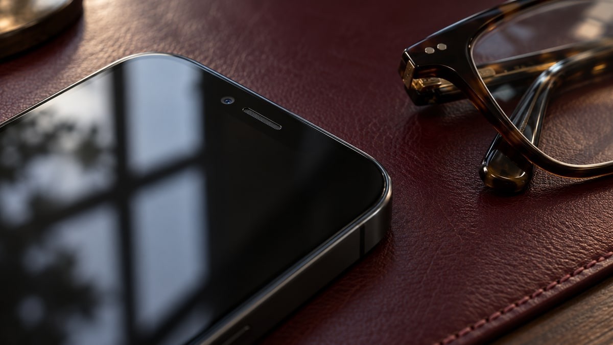 Close view of a phone’s front camera and earpiece beside glasses.