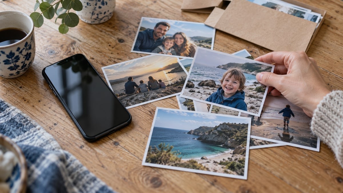 Smartphone beside printed holiday photographs on a family table.