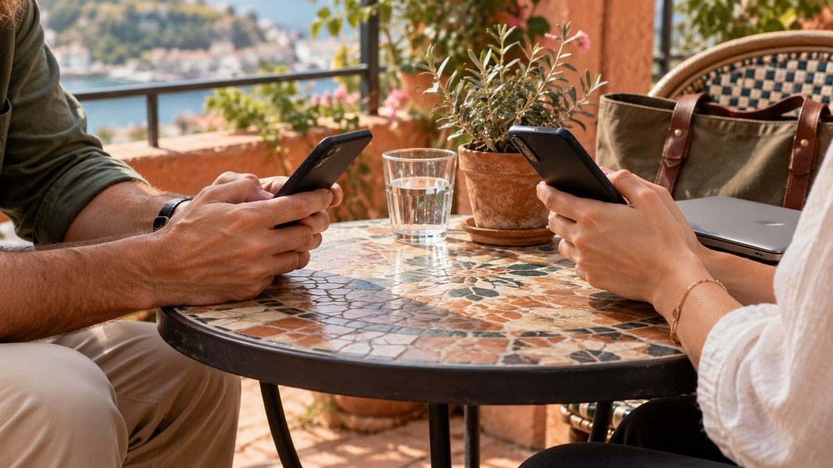 Two people holding smartphones across an outdoor cafe table