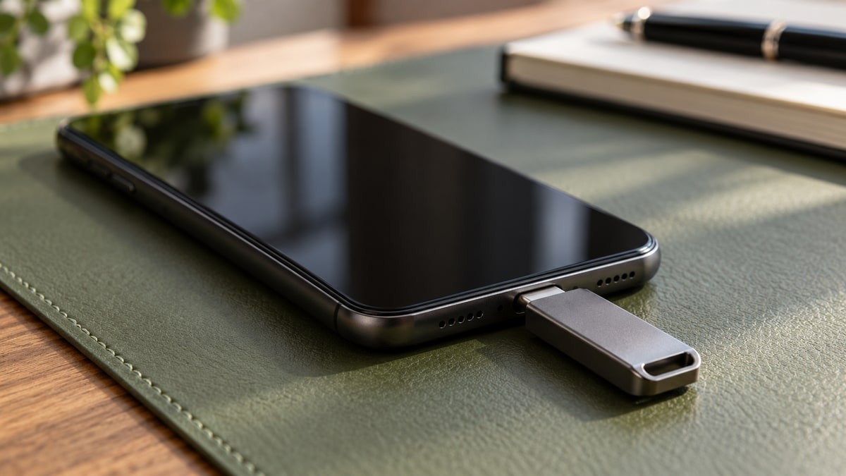 USB-C flash drive connected to the port of a smartphone.