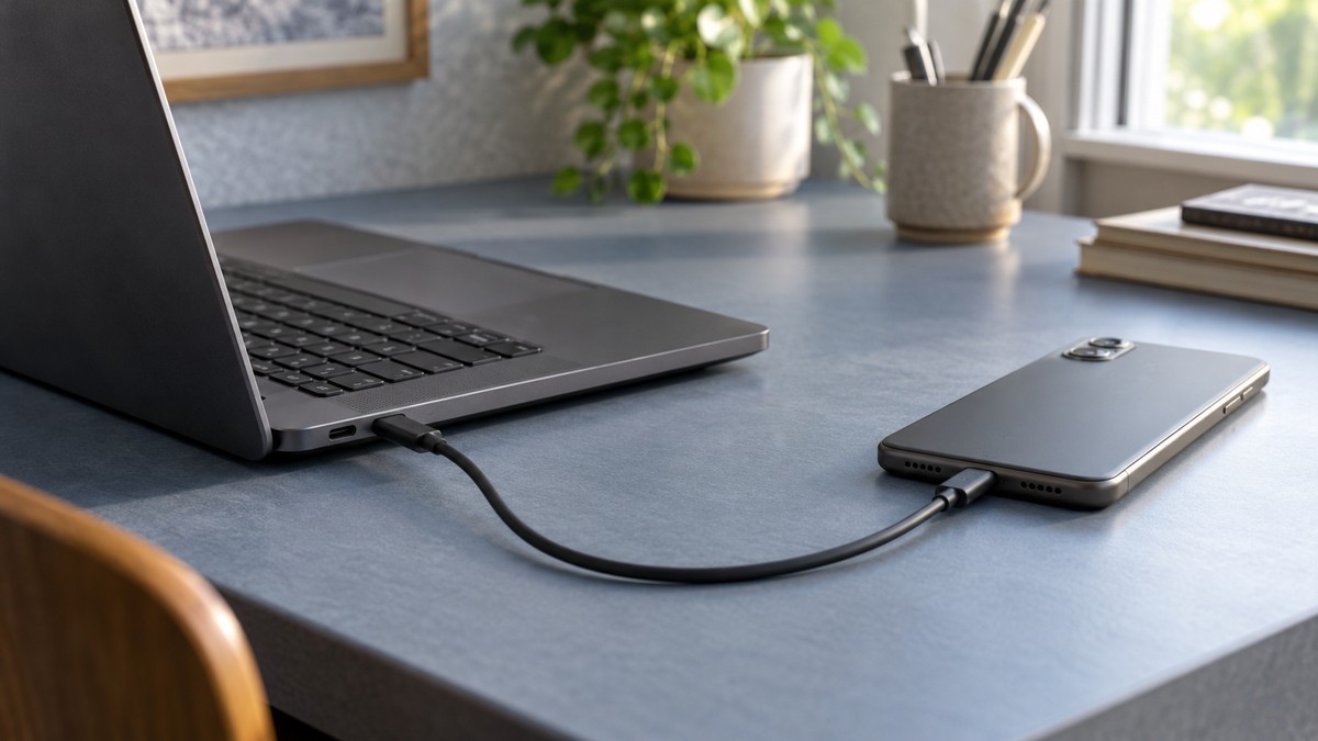 Editorial illustration of a smartphone connected to a laptop by a USB cable.