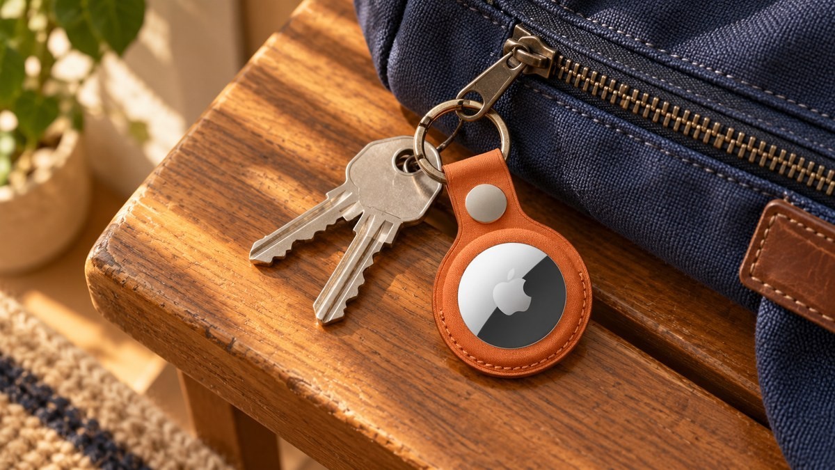 AirTag in an orange keyring beside keys and a navy travel bag on a wooden bench