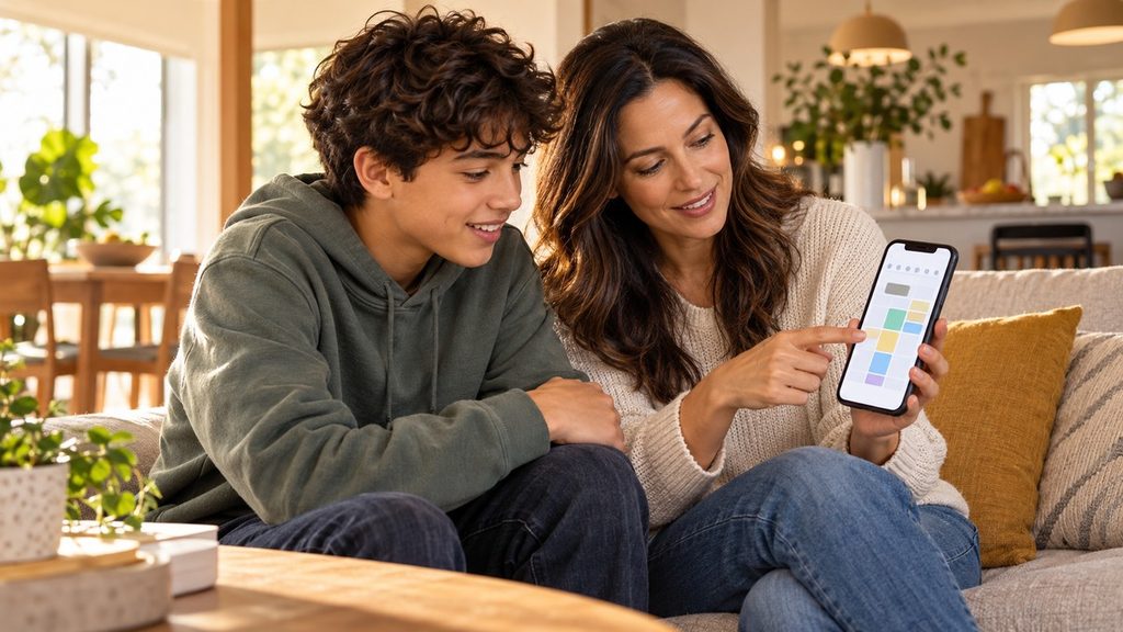 Parent and teenager reviewing a phone schedule together at home