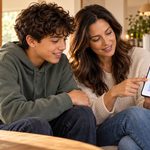 Parent and teenager reviewing a phone schedule together at home