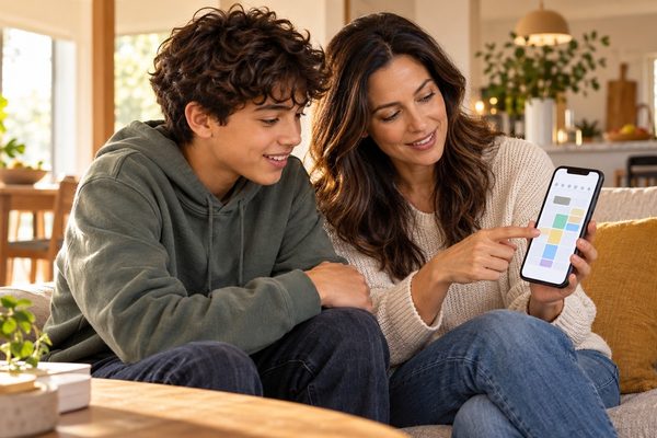 Parent and teenager reviewing a phone schedule together at home