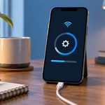 iPhone connected to power while a software update progress indicator appears on screen