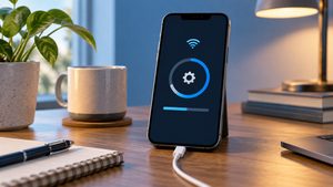 iPhone connected to power while a software update progress indicator appears on screen