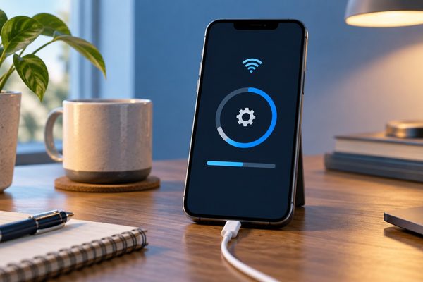 iPhone connected to power while a software update progress indicator appears on screen