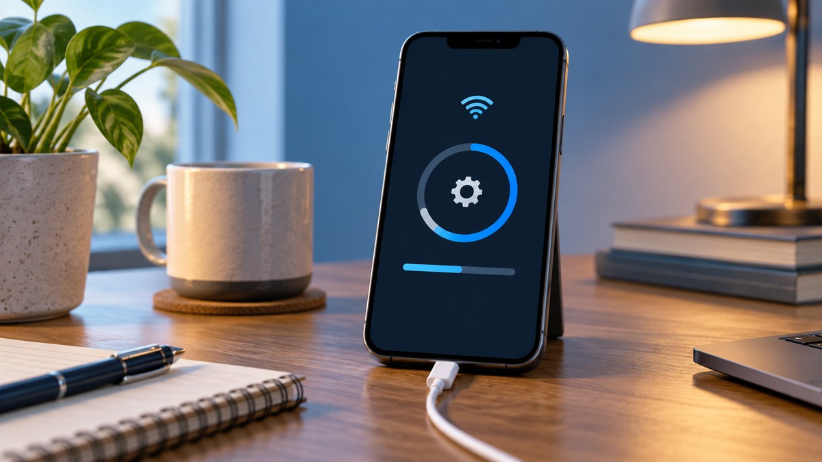 iPhone connected to power while a software update progress indicator appears on screen
