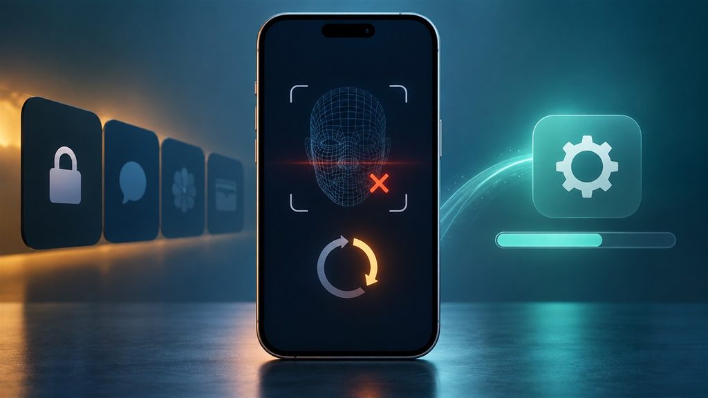iPhone 18 Pro Face ID reboot issue shown with face scan and software update symbols