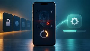 iPhone 18 Pro Face ID reboot issue shown with face scan and software update symbols