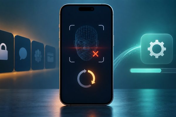 iPhone 18 Pro Face ID reboot issue shown with face scan and software update symbols