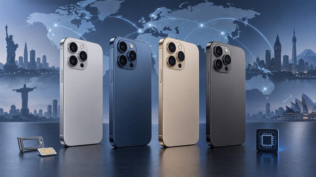 Four iPhone 18 Pro Max regional models shown against a world map