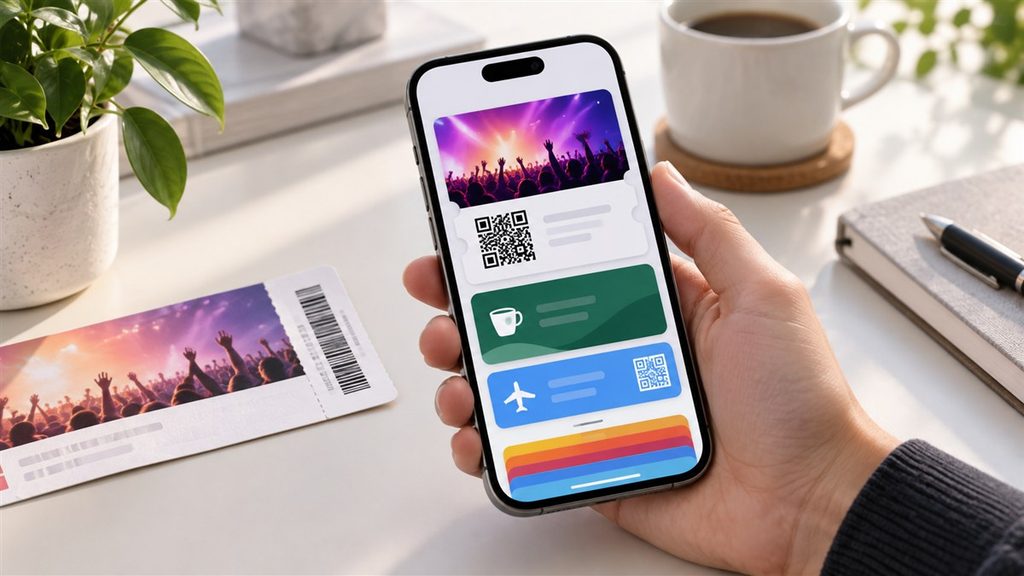 iOS 27 Wallet custom pass displayed beside a paper ticket
