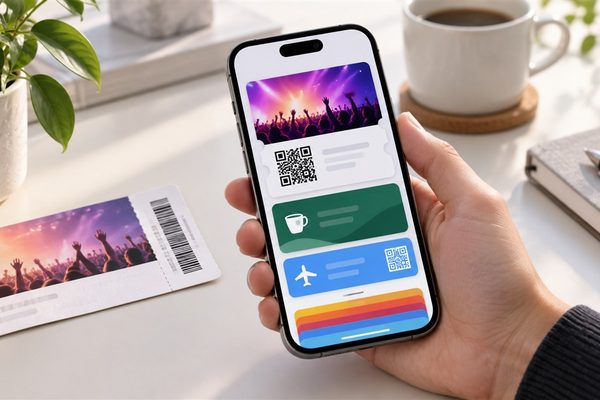 iOS 27 Wallet custom pass displayed beside a paper ticket
