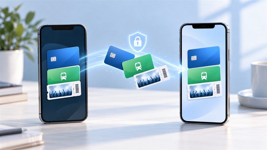 Wallet cards moving between an old iPhone and an iPhone 18 Pro