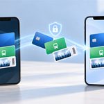 Wallet cards moving between an old iPhone and an iPhone 18 Pro