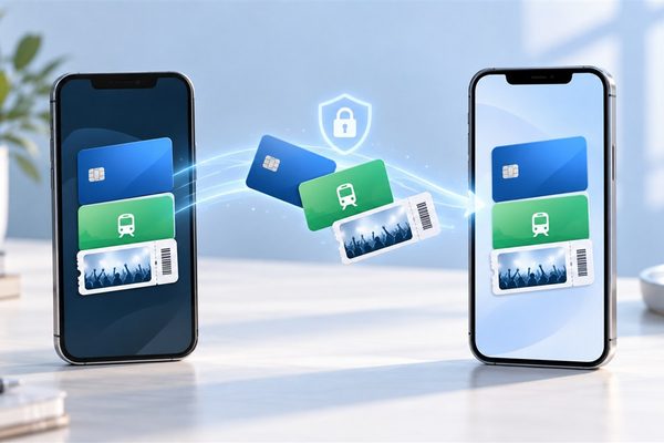 Wallet cards moving between an old iPhone and an iPhone 18 Pro