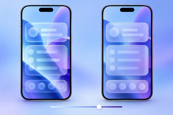 Two conceptual iPhone screens compare clear and tinted Liquid Glass appearance in iOS 27.