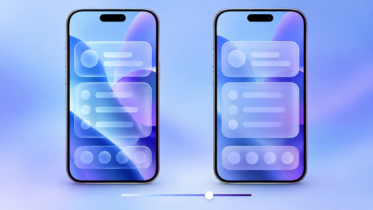 Two conceptual iPhone screens compare clear and tinted Liquid Glass appearance in iOS 27.