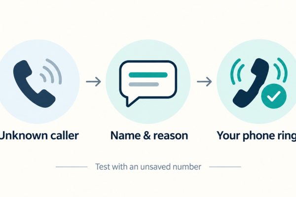 Call Screening flow: unknown caller gives a name and reason before the iPhone rings