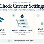iPhone carrier settings guide showing Wi-Fi, Settings General About, and carrier version checks