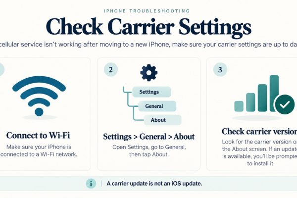 iPhone carrier settings guide showing Wi-Fi, Settings General About, and carrier version checks