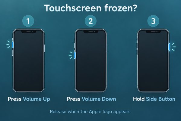 Three-step iPhone touchscreen after update restart guide: volume up, volume down, then hold the side button