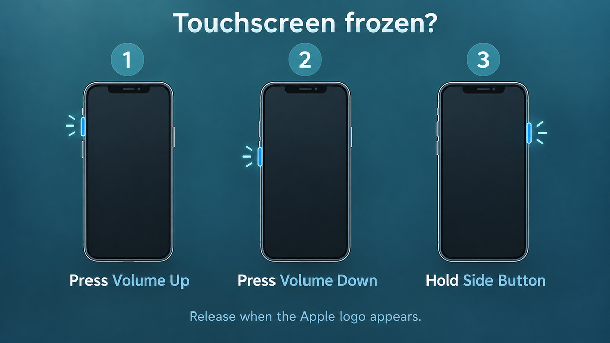 Three-step iPhone touchscreen after update restart guide: volume up, volume down, then hold the side button