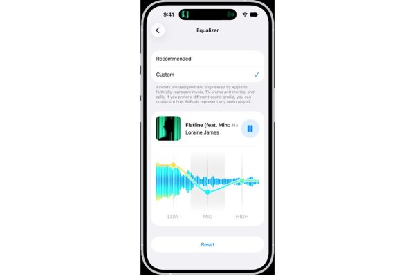 Apple’s AirPods Custom EQ screen showing Recommended, Custom and Low, Mid and High controls