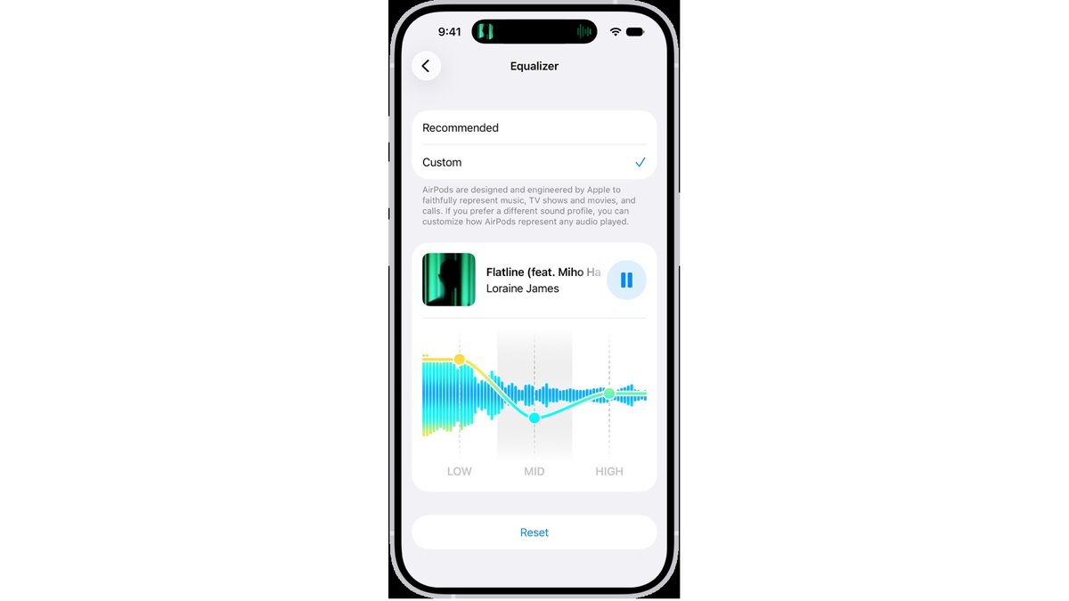 Apple’s AirPods Custom EQ screen showing Recommended, Custom and Low, Mid and High controls