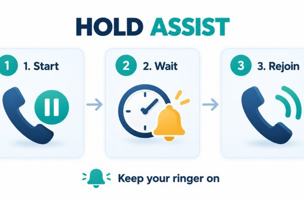 Hold Assist in iOS 27 illustrated as start, wait for an alert, and rejoin the call