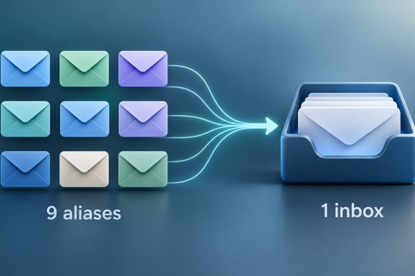 Nine iCloud Mail alias envelopes flowing into one inbox