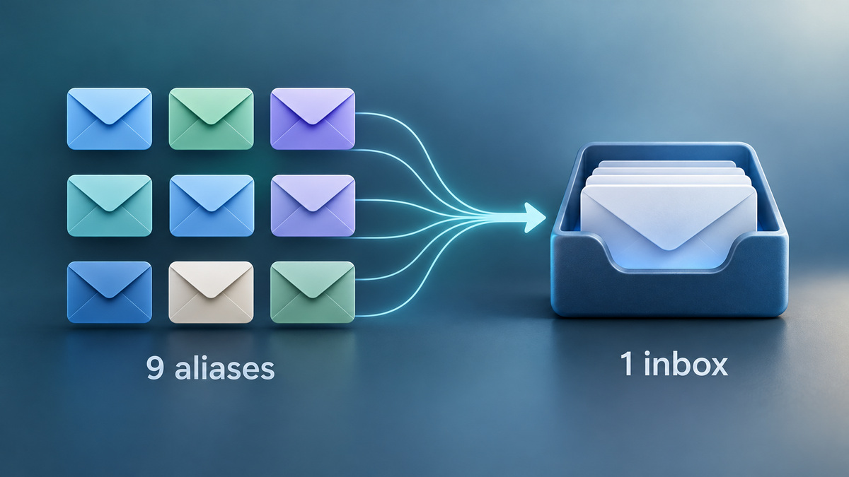 Nine iCloud Mail alias envelopes flowing into one inbox