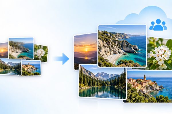 Diagram showing an older shared photo album becoming a larger full-resolution collaborative album